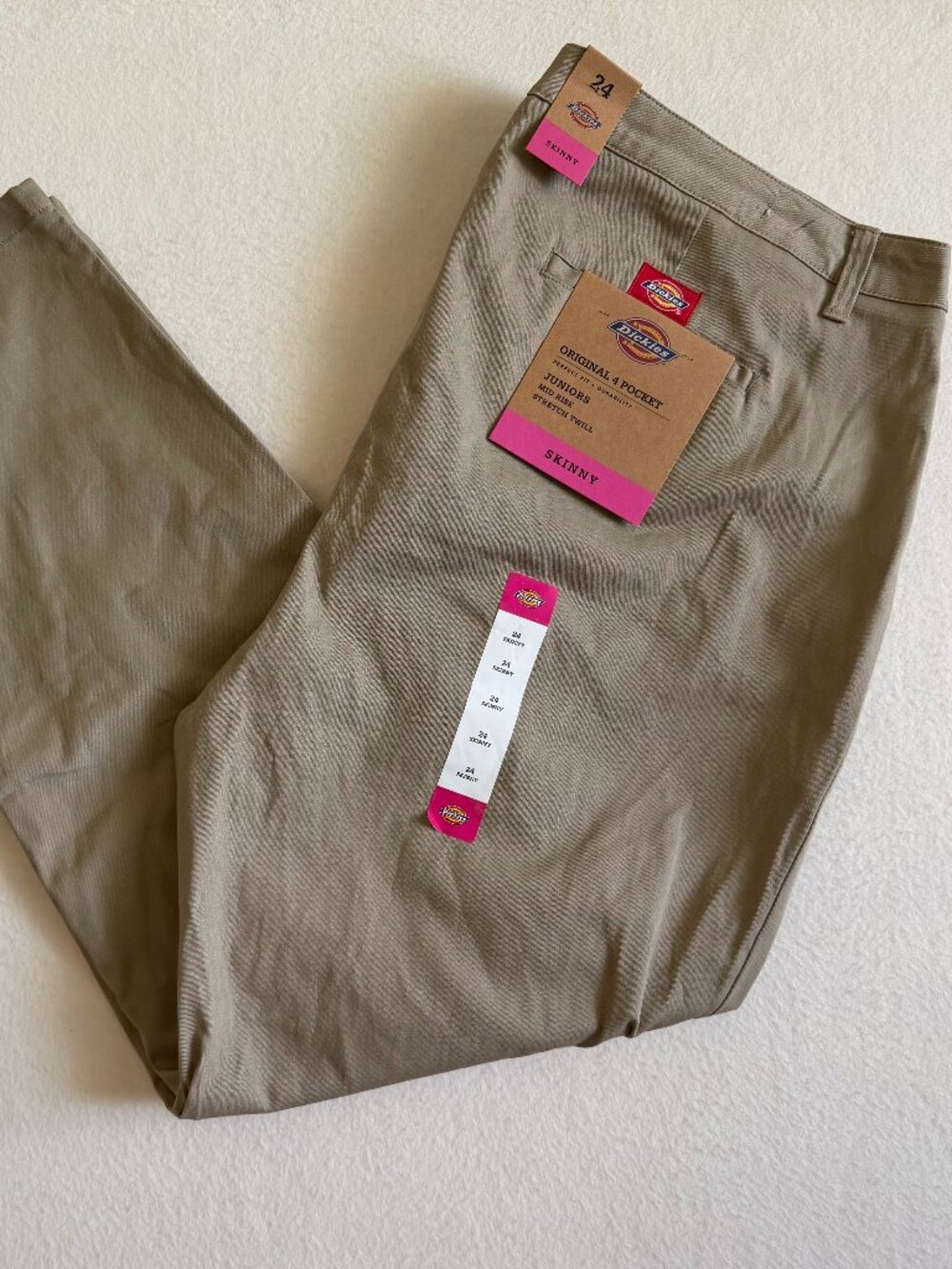 Dickies Original 4 Pocket Khaki Pants Women Juniors Size 24 Skinny Stretch Twill
